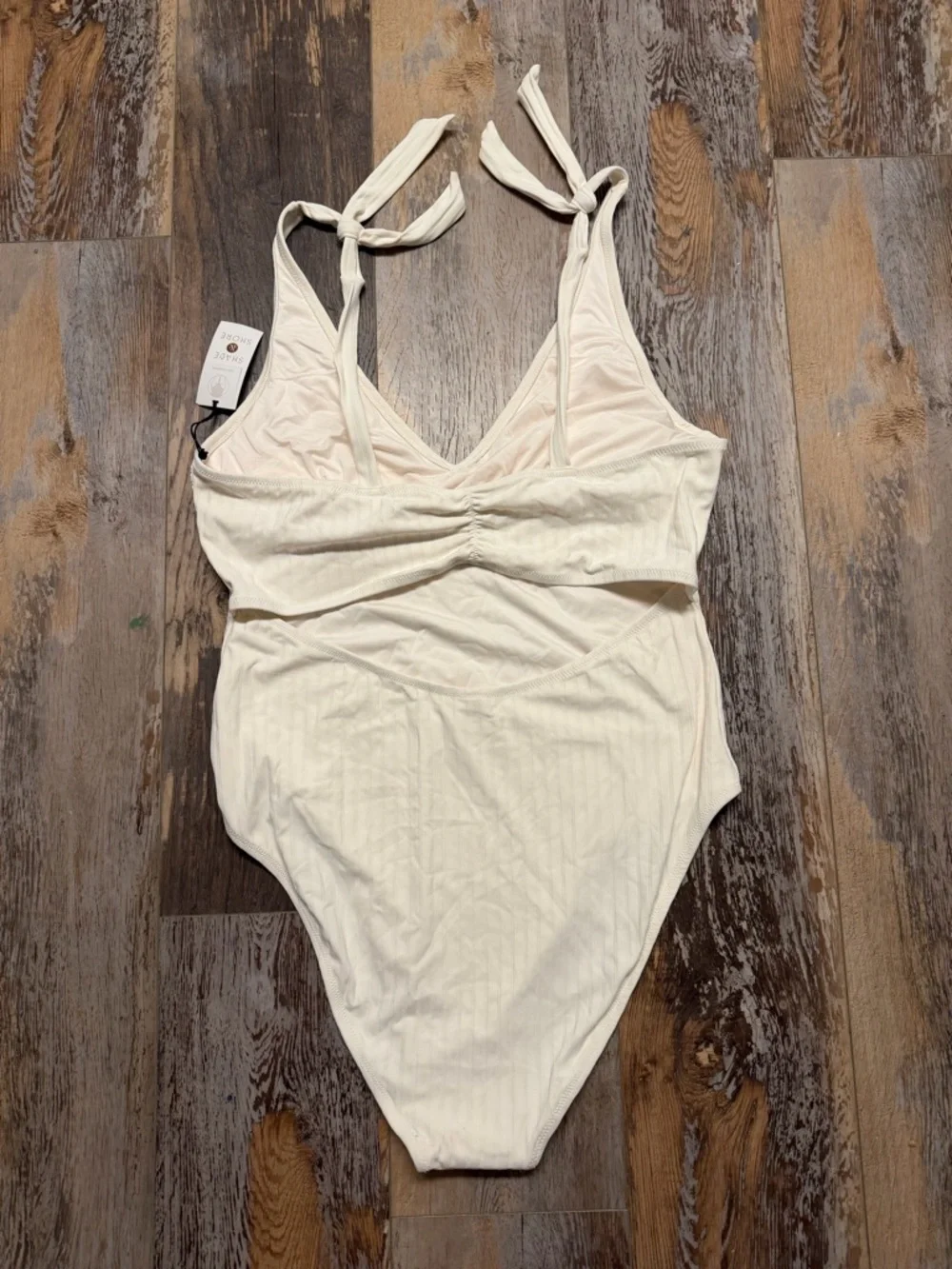 Shade & Shore Off White Ribbed One-Piece Swimsuit with Tie Straps Size XL NWT